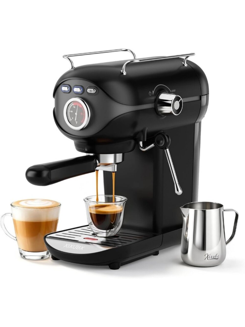 Compact Espresso Machine with Milk Frother - Sleek Black Coffee Maker